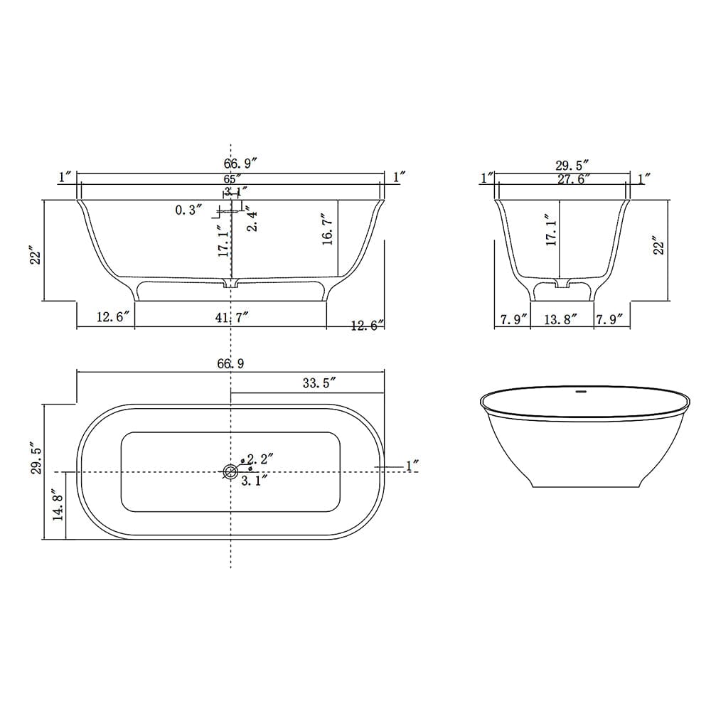 67'' Solid Surface Stone Resin Contemporary Design Freestanding Soaking Bathtub with Overflow