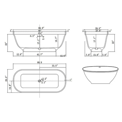 67'' Solid Surface Stone Resin Contemporary Design Freestanding Soaking Bathtub with Overflow