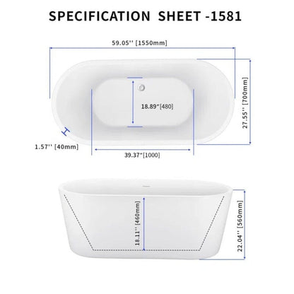 59 in. Acrylic Flatbottom Bathtub with Freestanding Drain Glossy White