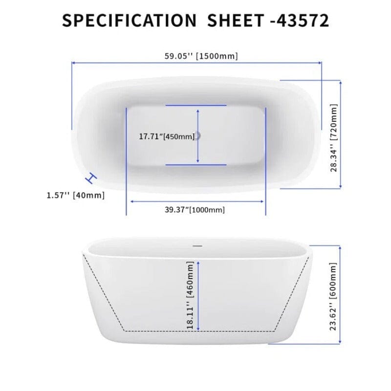 59" Acrylic Square Shape Freestanding Soaking Tub with Overflow & Drain