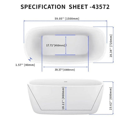 59" Acrylic Square Shape Freestanding Soaking Tub with Overflow & Drain