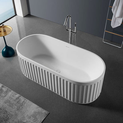 67'' Solid Surface Stone Resin Nordic Modern Oval Shaped Freestanding Soaking Bathtub with Fluted