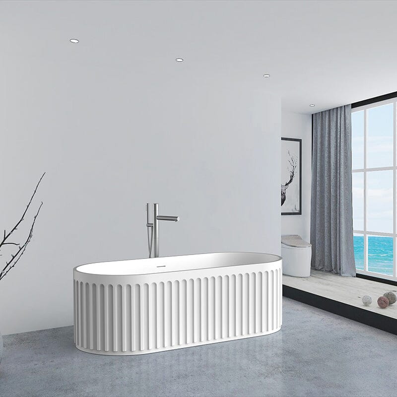 67'' Solid Surface Stone Resin Nordic Modern Oval Shaped Freestanding Soaking Bathtub with Fluted