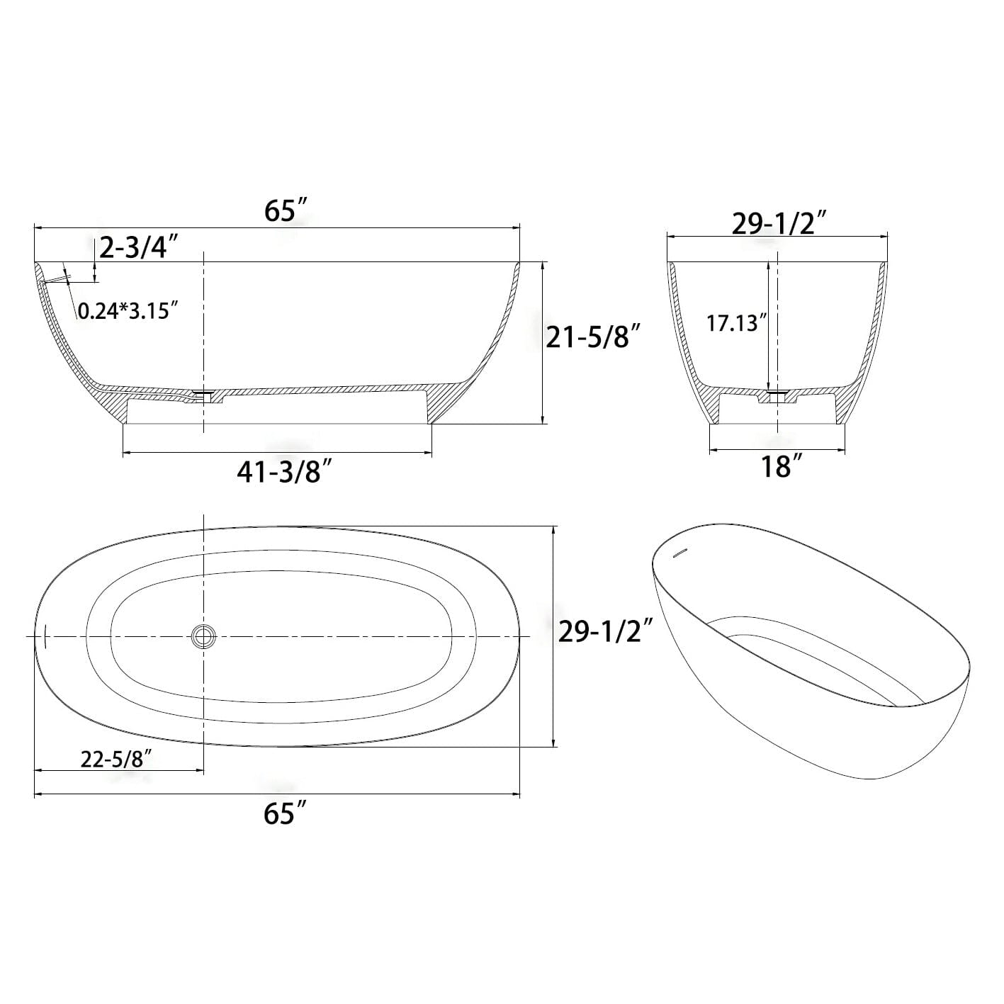 65'' Solid Surface Stone Resin Modern Oval Shaped Freestanding Soaking Bathtub with Overflow