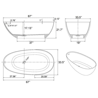 67'' Solid Surface Stone Resin Modern Egg Shaped Freestanding Soaking Bathtub with Overflow