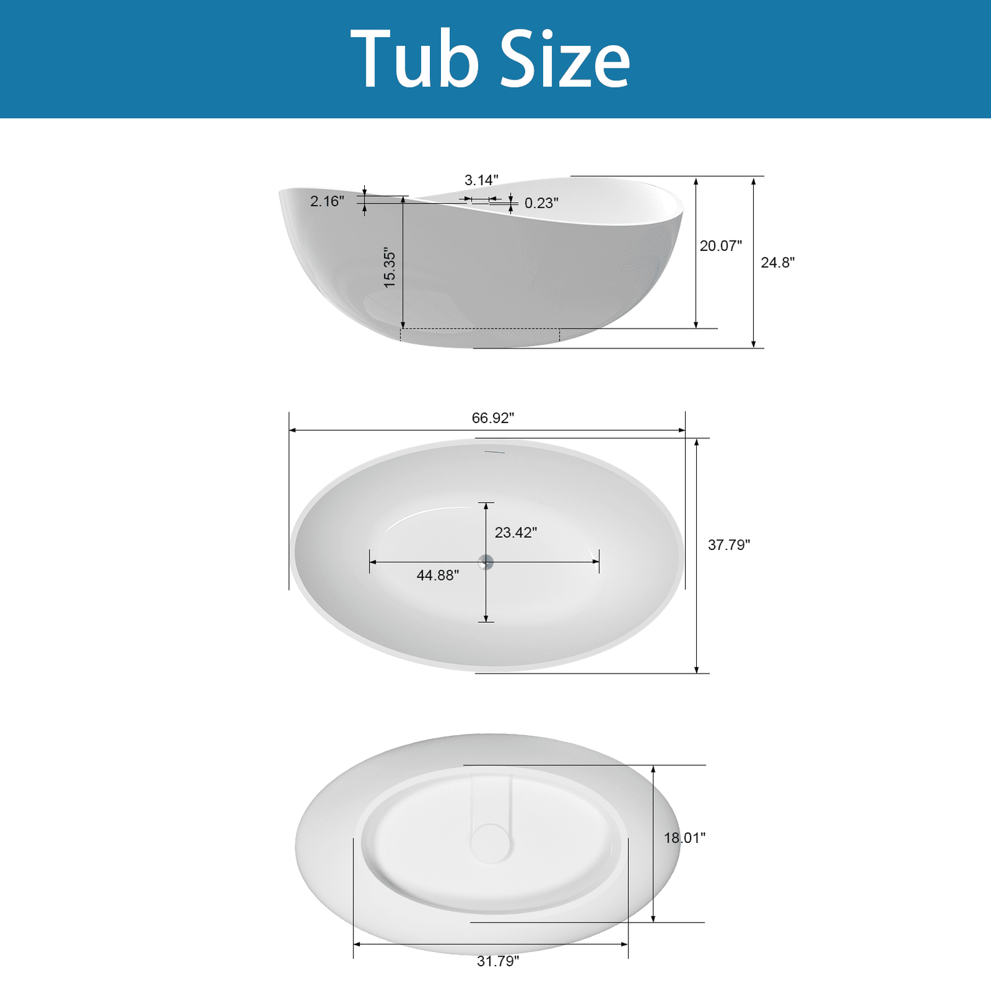 63'' Modern Wavy Curve Solid Surface Stone Resin Freestanding Soaking Bathtub