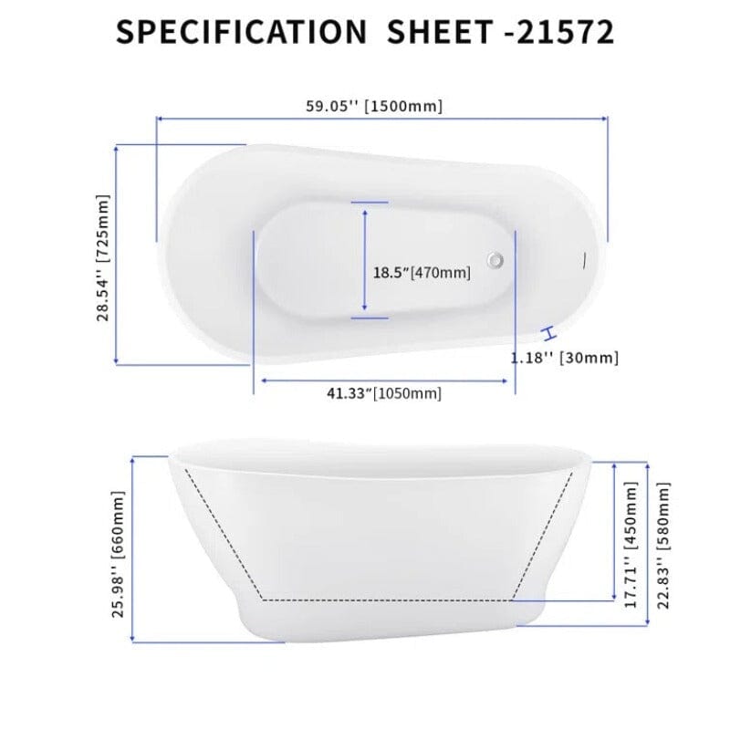 59" Acrylic Single Slipper Tub Curve Shape Freestanding Bathtub