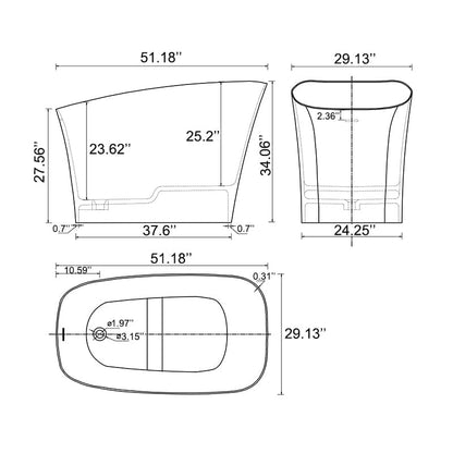 51" Single Slipper Freestanding Japanese Soaking Bathtub Solid Surface Stone Resin Tub with Built-in Seat