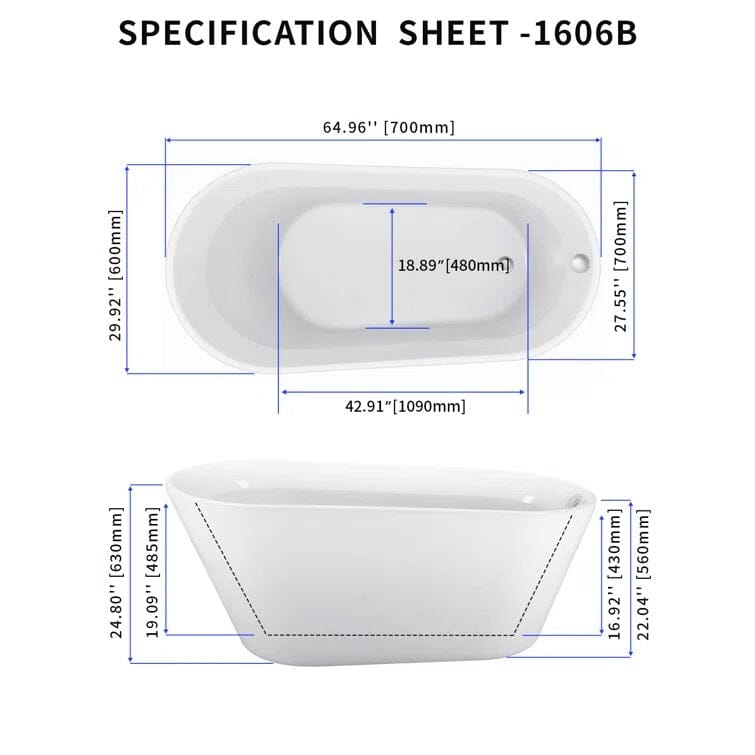 65" Acrylic Slipper Flatbottom Freestanding Soaking Bathtub in Glossy White