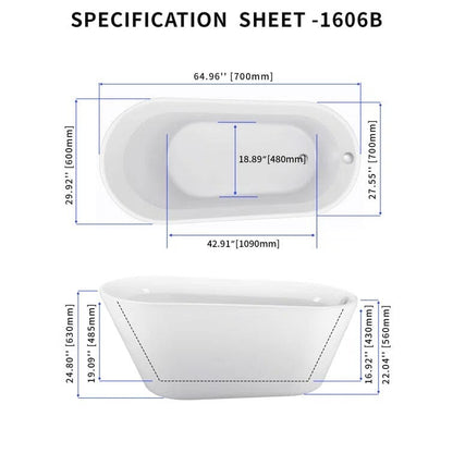 65" Acrylic Slipper Flatbottom Freestanding Soaking Bathtub in Glossy White