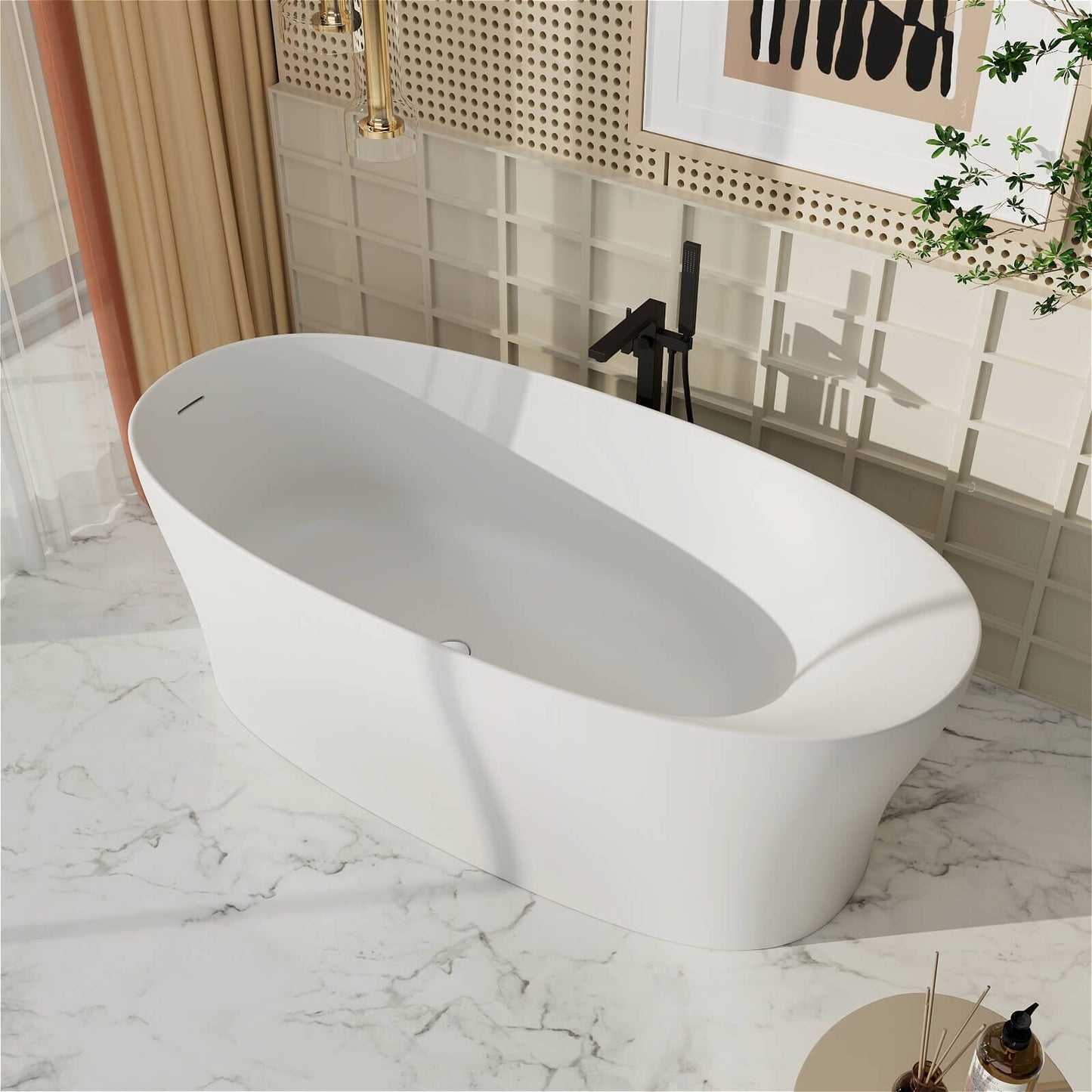 63"/67"/71'' Solid Surface Stone Resin Freestanding Soaking Bathtub Comfortable Backrest Design