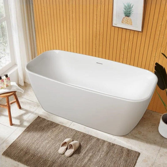 59'' Acrylic Flatbottom Modern Freestanding Soaking Bathtub in Glossy White