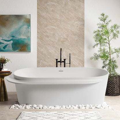 67'' Solid Surface Stone Resin White Freestanding Bathtub with Shelf