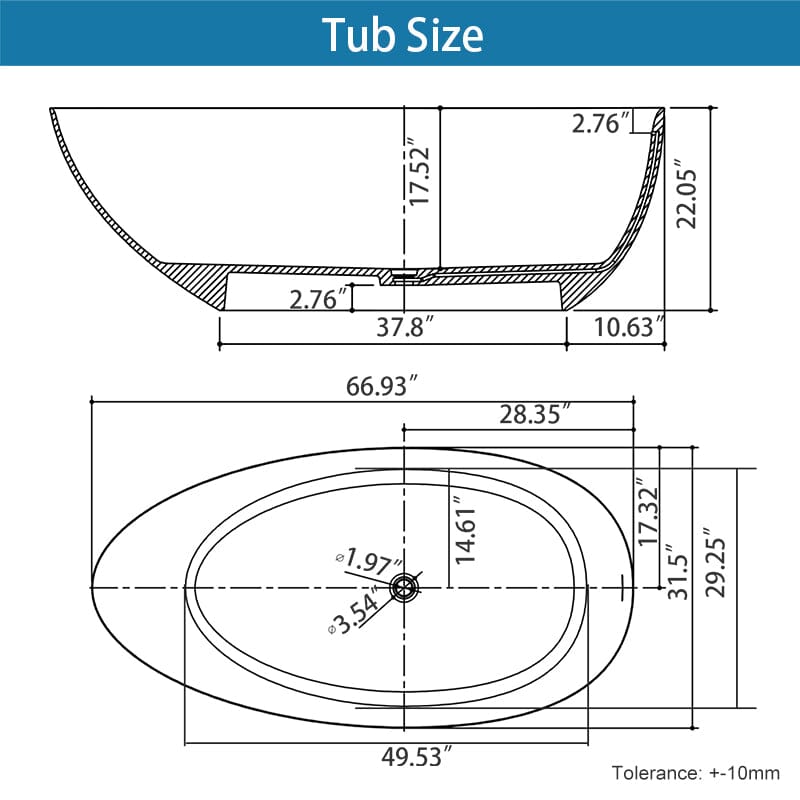 67'' Solid Surface Stone Resin Egg Shaped Freestanding Soaking Bathtub with Overflow