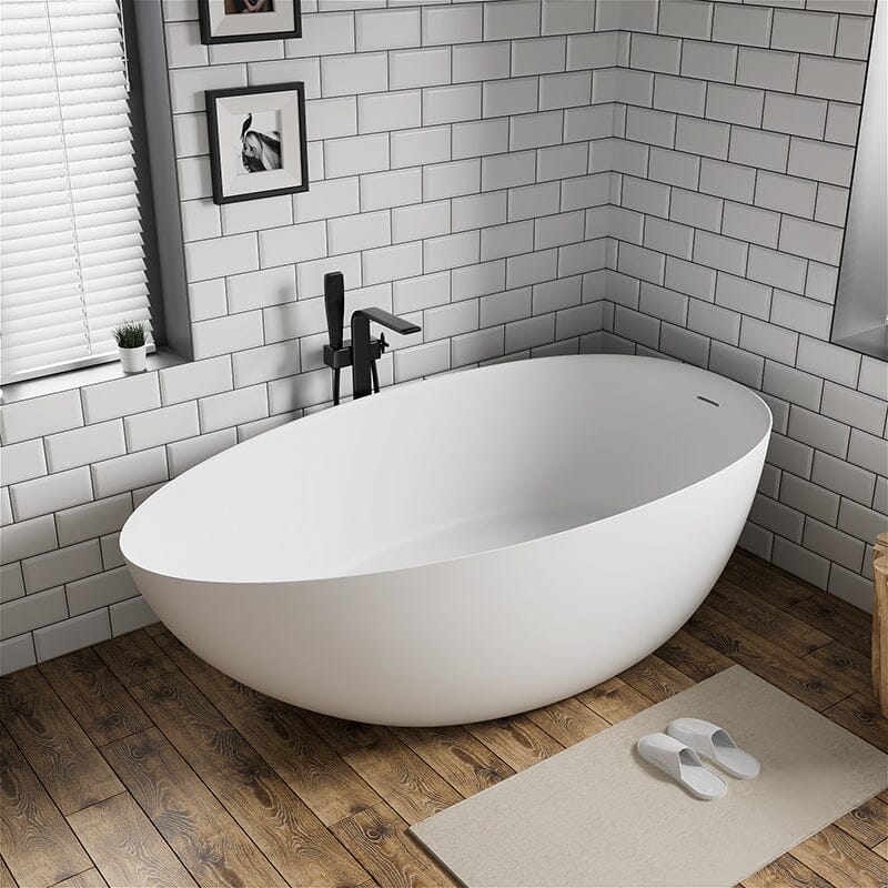 67'' Solid Surface Stone Resin Egg Shaped Freestanding Soaking Bathtub with Overflow