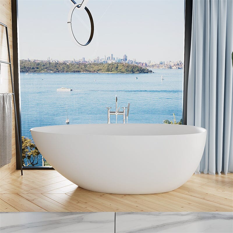 67'' Solid Surface Stone Resin Egg Shaped Freestanding Soaking Bathtub with Overflow