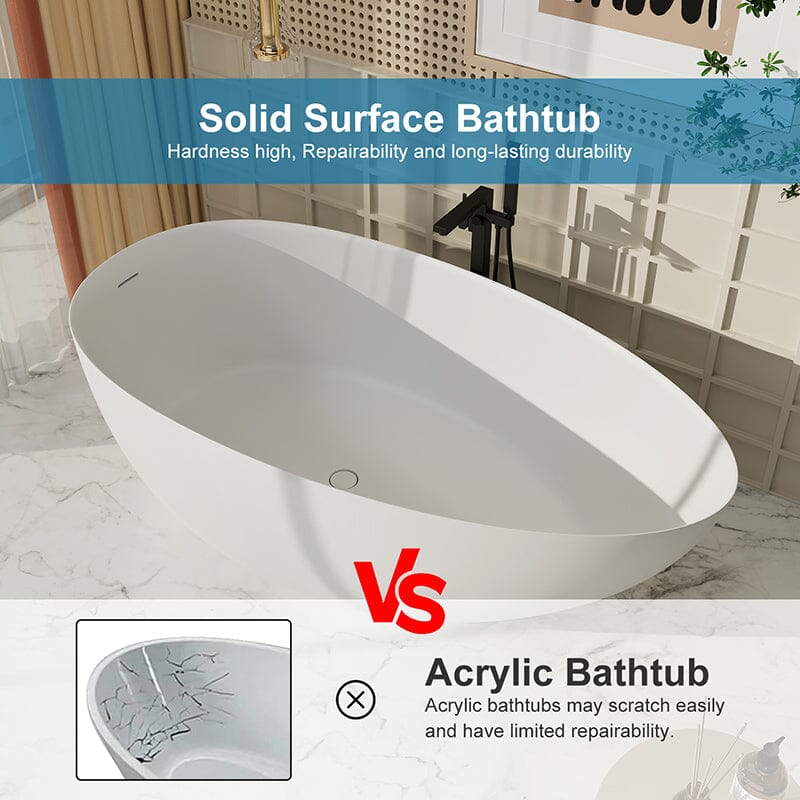 67'' Solid Surface Stone Resin Egg Shaped Freestanding Soaking Bathtub with Overflow