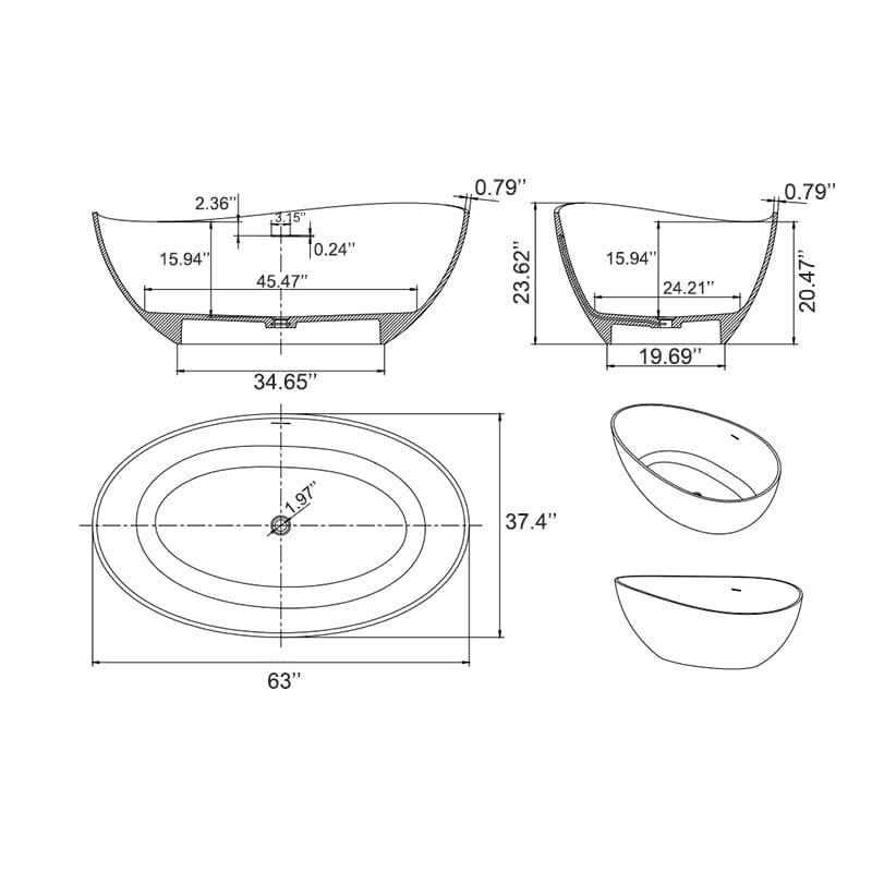 63'' Solid Surface Stone Resin Wave Shaped Freestanding Soaking Bathtub