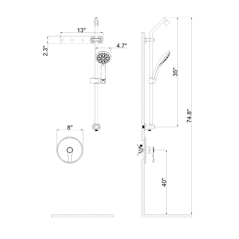 Full Slide Bar 6 Spray Modes 4.7'' Shower Head with Valve and Hook