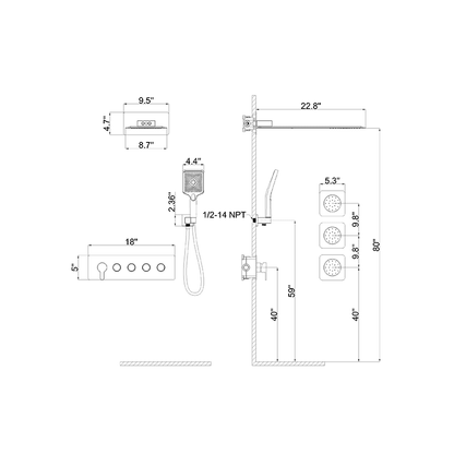 23'' Wall Mounted Waterfall Rain Shower System With 3 Body Sprays & Hand Shower