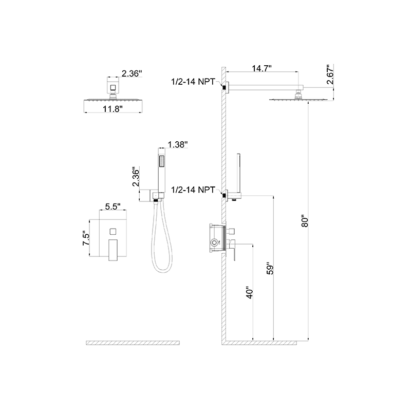 12" Wall Mount Square Shower Systems with Head Shower & Hand Shower Combo Set