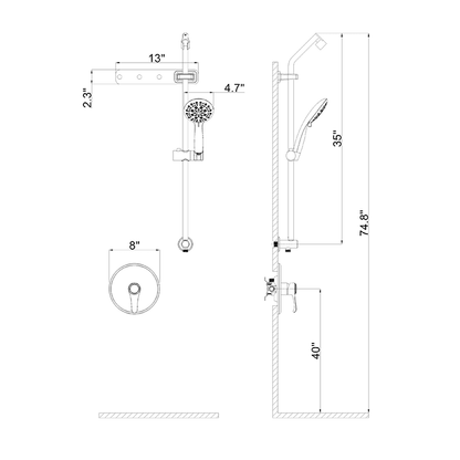 Full Slide Bar 6 Spray Modes 4.7'' Shower Head with Valve and Hook