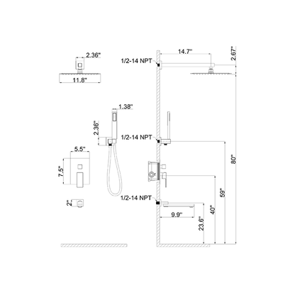 12" Square Shower Set with Hand Shower & Tub Spout Shower Combo Set