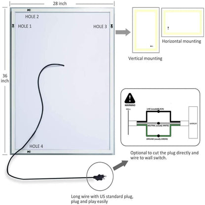 28 X 36 Inch LED Bathroom Mirror Makeup Wall Mirror Wall Mounted
