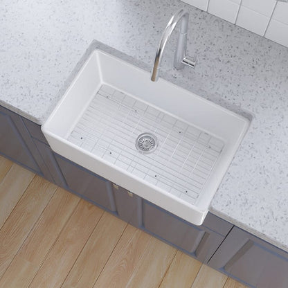 30'' Ceramic Kitchen Sink Farmhouse Reversible Single Bowl Sink with Bottom Grid and Strainer