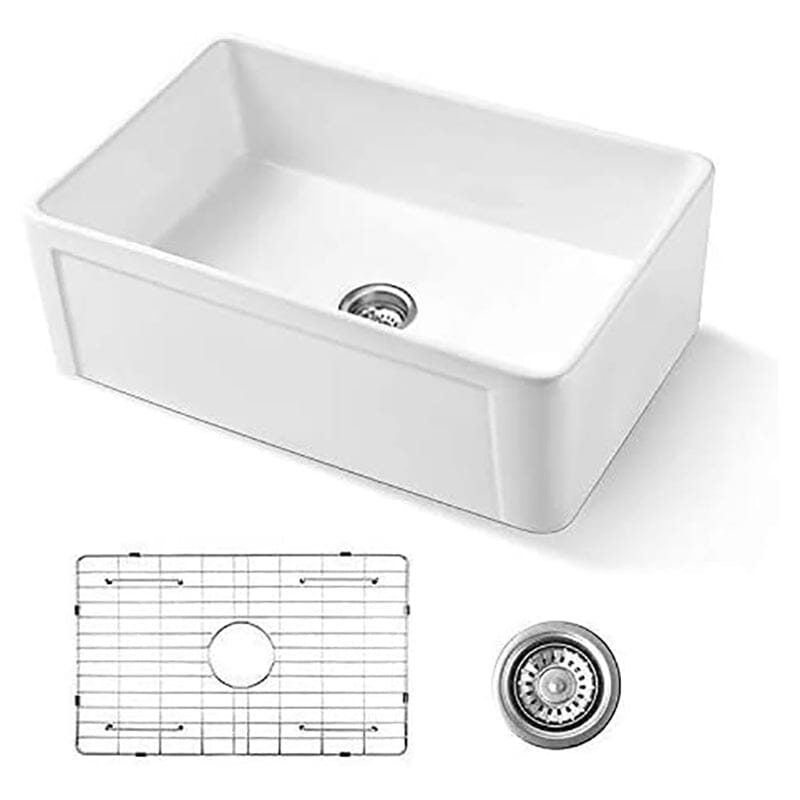 30'' Ceramic Kitchen Sink Farmhouse Reversible Single Bowl Sink with Bottom Grid and Strainer