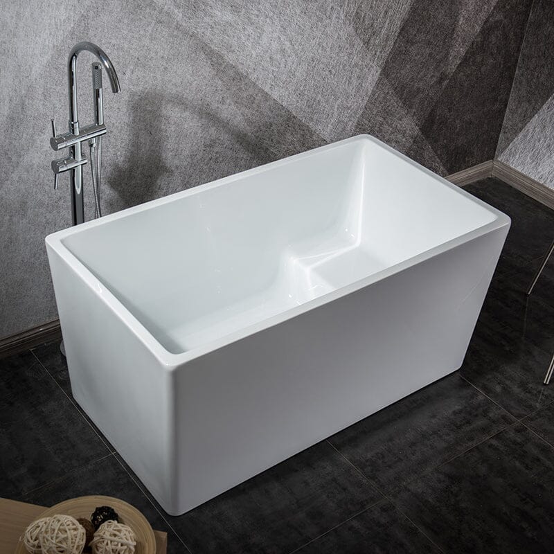 47'' Acrylic Modern White Rectangular Small Freestanding Soaking Bathtub Built-in Seat