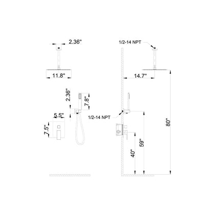 12" Ceiling Mounted Square Shower Systems with Head Shower & Hand Shower Combo Set