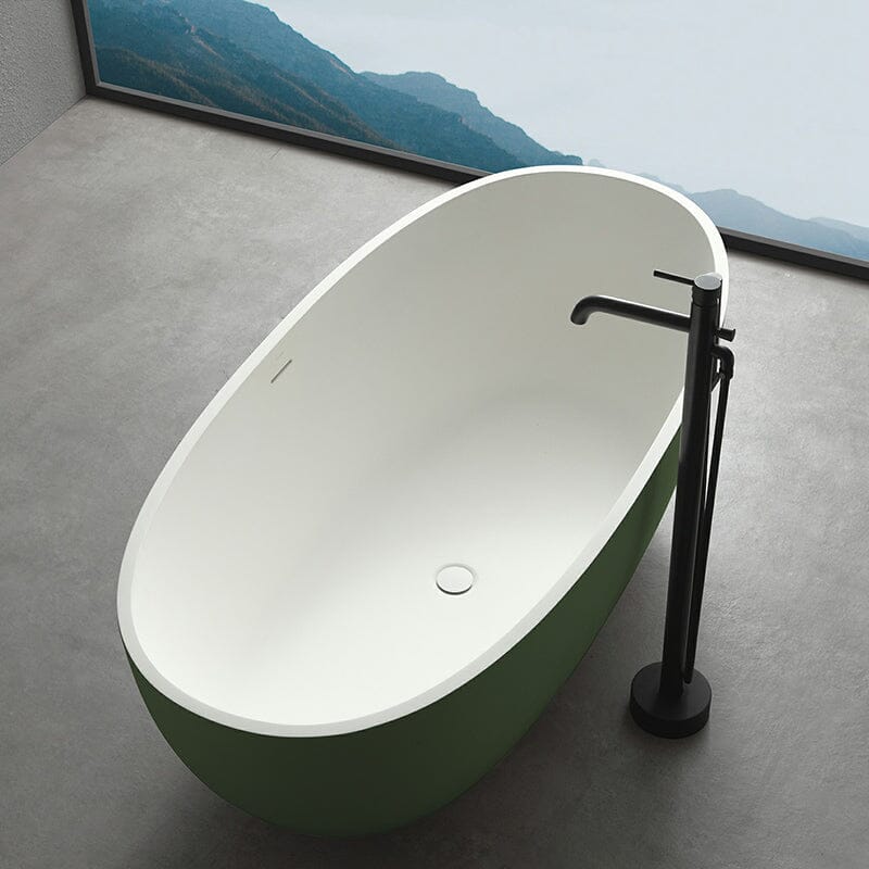 65'' Solid Surface Stone Resin Oval-shaped Freestanding Soaking Bathtub with Overflow