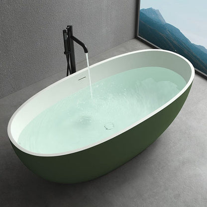 65'' Solid Surface Stone Resin Oval-shaped Freestanding Soaking Bathtub with Overflow