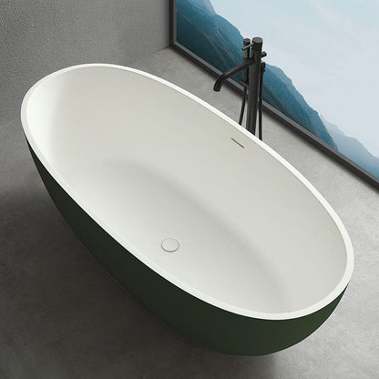 65'' Solid Surface Stone Resin Oval-shaped Freestanding Soaking Bathtub with Overflow