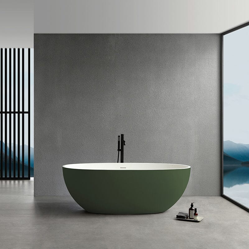 65'' Solid Surface Stone Resin Oval-shaped Freestanding Soaking Bathtub with Overflow