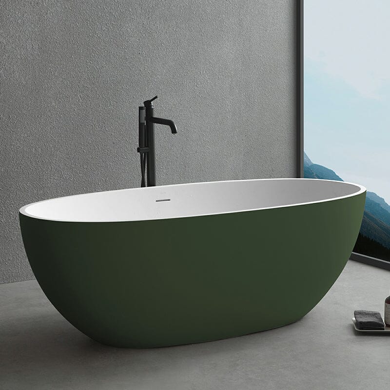 65'' Solid Surface Stone Resin Oval-shaped Freestanding Soaking Bathtub with Overflow