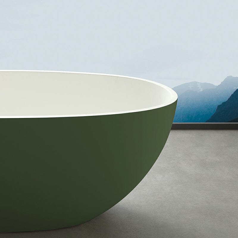 65'' Solid Surface Stone Resin Oval-shaped Freestanding Soaking Bathtub with Overflow