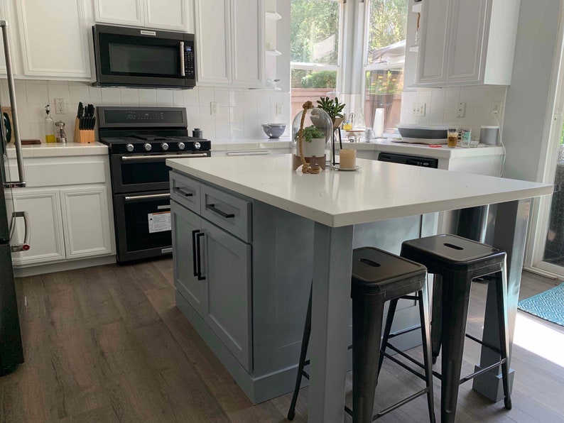 64" Gray color kitchen island with white quartz counter top (Custom welcome)