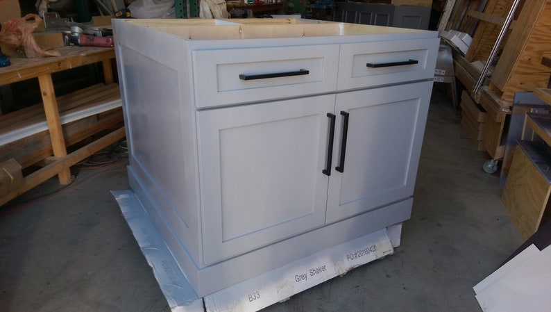 64" Gray color kitchen island with white quartz counter top (Custom welcome)