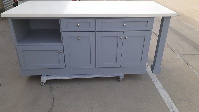 7ft Grey color Kitchen island with white quartz top and microwave opening (Available for Custom )