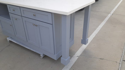 7ft Grey color Kitchen island with white quartz top and microwave opening (Available for Custom )