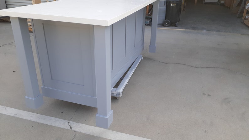 7ft Grey color Kitchen island with white quartz top and microwave opening (Available for Custom )