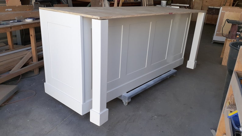 7ft Grey color Kitchen island with white quartz top and microwave opening (Available for Custom )