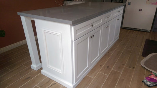 6ft white  kitchen island with gray quartz top