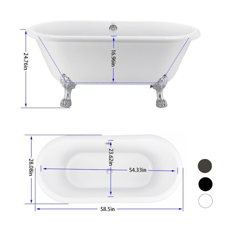 59'' Acrylic Double-Slipper Clawfoot Bathtub Freestanding Soaking Tub with Drain