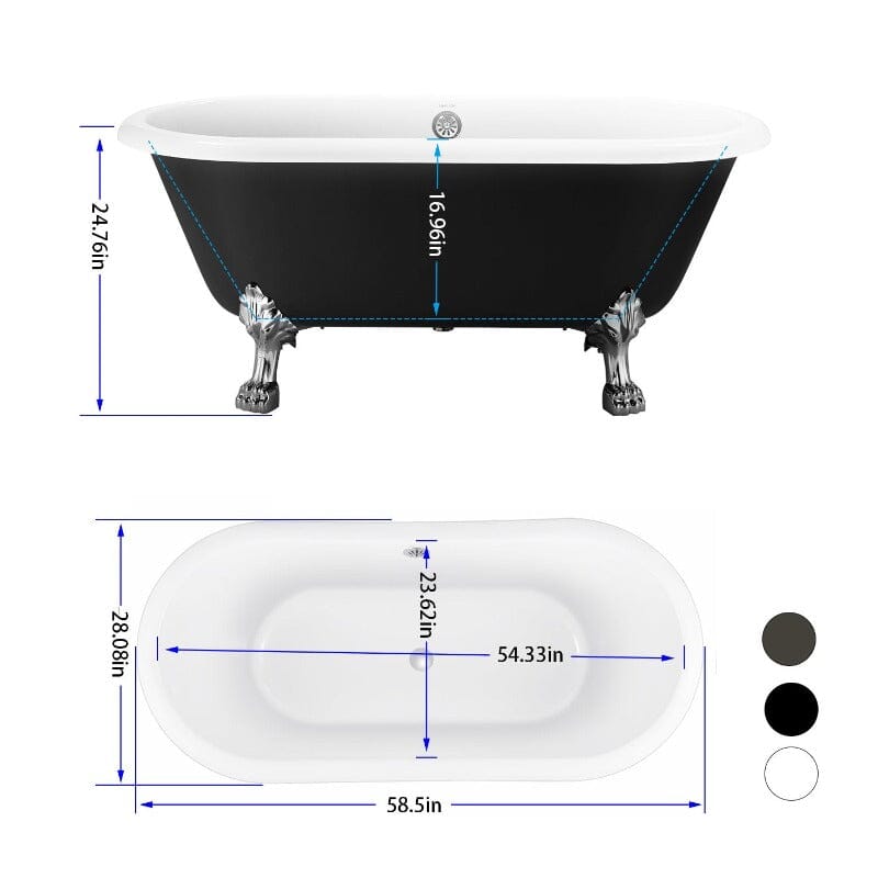 59'' Acrylic Double-Slipper Clawfoot Bathtub Freestanding Soaking Tub with Drain