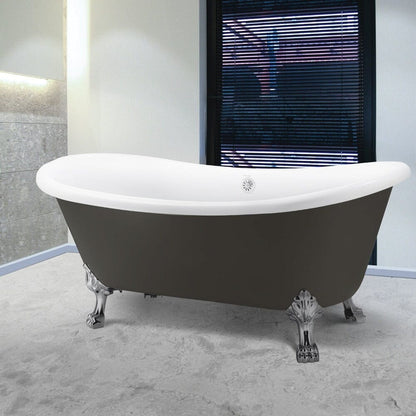 67" Acrylic Clawfoot Double Slipper Freestanding Soaking Tub Rolled Rim