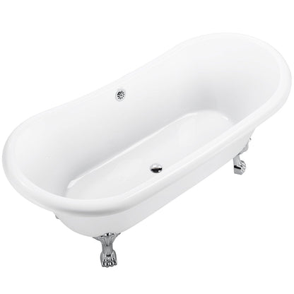 67" Acrylic Clawfoot Double Slipper Freestanding Soaking Tub Rolled Rim