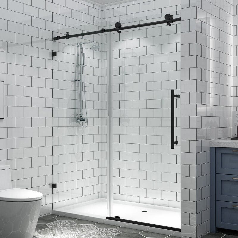 56-60"W x 74"H Frameless Explosion-proof Glass Bathroom Shower Door Two-way Sliding Black